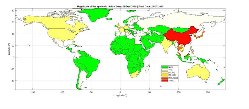 El mapa mundial de la magnitud final de la epidemia de coronavirus, generado con el modelo matemático de dos investigadores españoles de la Universidad Complutense de Madrid (UCM) | UCM ep el mapa mundial de la magnitud final de la epidemia de coronavirus generado con el modelo