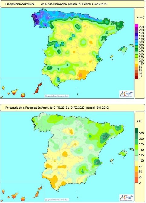 Las lluvias acumuladas en España desde que comenzó el año hidrológico superan en casi un 20% el valor normal para este periodo hasta el 4 de febrero. | AEMET ep las lluvias acumuladas en espana desde que comenzo el ano hidrologico superan en casi un 20 el