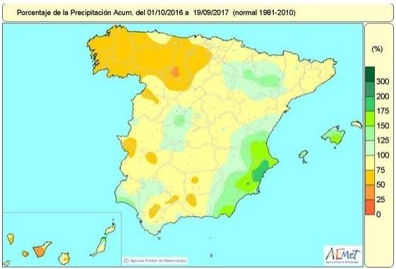 Distribución de lluvias acumulada en España hasta el 19 de septiembre | AEMET ep distribucionlluvias acumuladaespana19septiembre