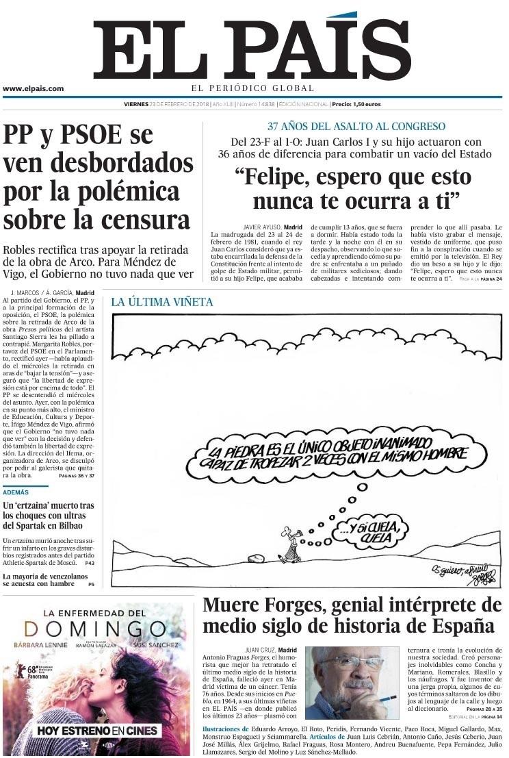 Portada del diario 'El País' con la última viñeta de Forges | EL PAÍS ep portadadiario pais con la ultima vinetaforges