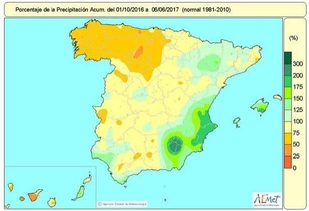 Distribución de las lluvias acumuladas desde octubre de 2016 a junio 2017 | AEMET ep distribucionlas lluvias acumuladasoctubre2016junio 2017