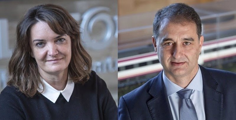 Cristina Andériz, directora del Centro Industrial de Santa Perpètua de Mogoda, en Barcelona y Miguel Ángel Martín, director del proyecto de trenes de Cercanías de Gran Capacidad para Renfe. | ALSTOM ESPAÑA ep cristina anderiz directora del centro industrial de santa perptua de mogoda en barcelona y miguel