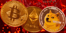 illustration montre les crypto monnaies bitcoin ethereum et dogecoin 