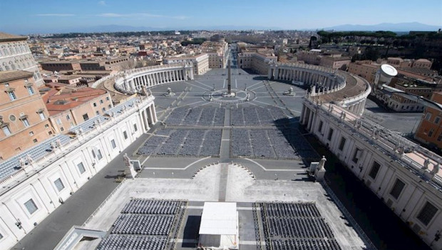 ep march 12 2020 - vatican view of st peters square is seen behind a barricade erected at the edge