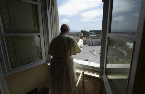 ep may 10 2020 - vatican pope francis blesses from the window of the apostolic palace overlooking an