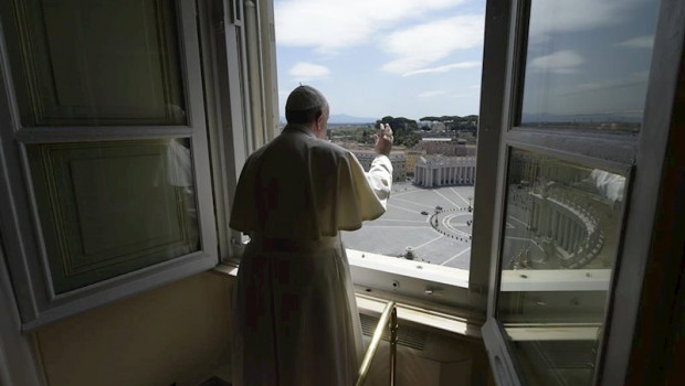 ep may 10 2020 - vatican pope francis blesses from the window of the apostolic palace overlooking an