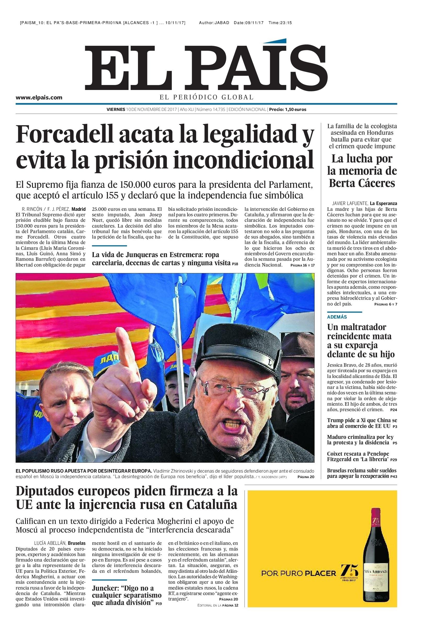 Portada de El País del 10 de noviember | EL PAÍS ep portadapais10noviember