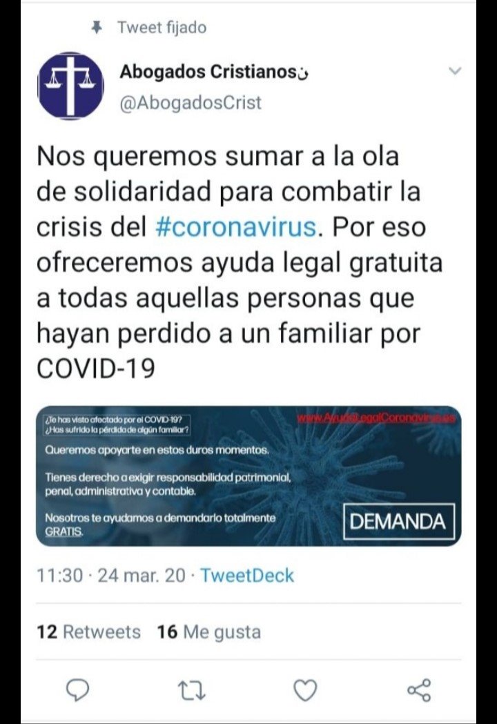 Tuit de Abogados Cristianos en el que se ofrecen para presentar denuncias a afectados por la pandemia de coronavirus | TWITTER ep tuit de abogados cristianos en el que se ofrecen para presentar denuncias a afectados por la