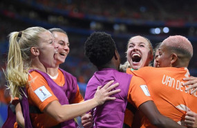 ep 03 july 2019 france lyon netherlands players celebrate scoring their sides first goal during the fifa womens world cup semi final soccer match between netherlands and sweden at the lyon olympic stadium photo sebastian gollnowdpa