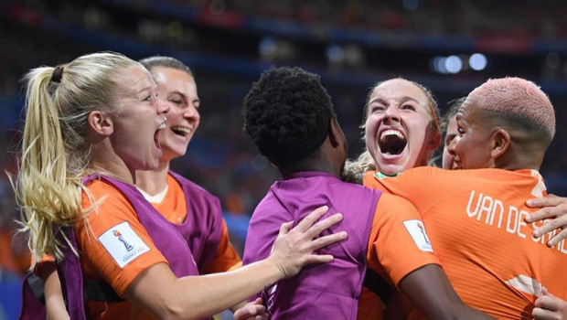ep 03 july 2019 france lyon netherlands players celebrate scoring their sides first goal during the fifa womens world cup semi final soccer match between netherlands and sweden at the lyon olympic stadium photo sebastian gollnowdpa