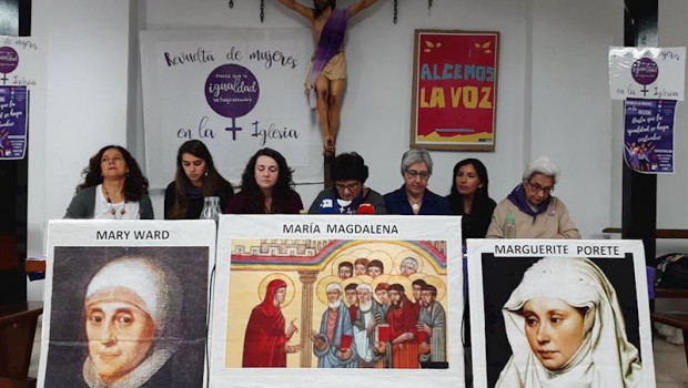 ep portavoces de la revuelta de mujeres en la iglesia presentan la concentracion del 1 de marzo