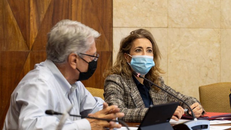 El consejero de seguridad y emergencia del Gobierno de Canarias, Julio Pérez y la ministra de Transportes, Movilidad y Agenda Urbana, Raquel Sánchez, durante su reunión con el comité de crisis de Pevolca | Europa Press ep el consejero de seguridad y emergencia del gobierno de canarias julio perez y la ministra de
