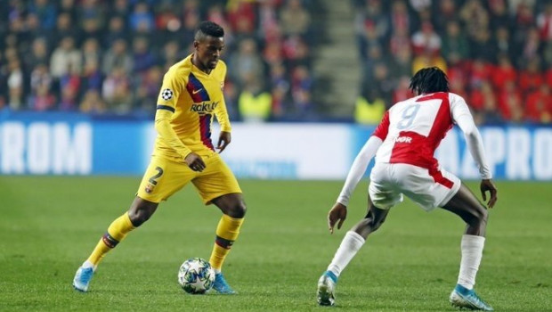 ep el jugador del fc barcelona nelson semedo en el partido contra el slavia praga en la liga de