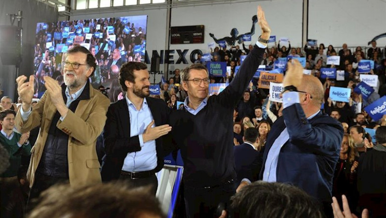 El presidente del Gobierno, Mariano Rajoy, el presidente del PP, Pablo Casado, y el candidato popular al 5A, Alberto Núñez-Feijóo, asisten a un acto de celebración de los 11 años de presidencia de Núñez Feijóo en Galicia, en Ourense (Galicia) | Rosa Veiga - Europa Press ep el presidente del gobierno mariano rajoy el presidente del pp pablo casado y el candidato popular