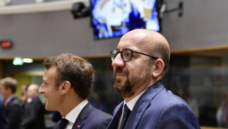 21 June 2019, Belgium, Brussels: President of France Emmanuel Macron (L) and Belgian Prime Minister Charles Michel attend the second day of the EU summit. Photo: Pool Eric Vidal/BELGA/dpa | Pool Eric Vidal/BELGA/dpa ep 21 june 2019 belgium brussels president of france emmanuel macron l and belgian prime minister charles michel attend the second day of the eu summit photo pool eric vidalbelgadpa
