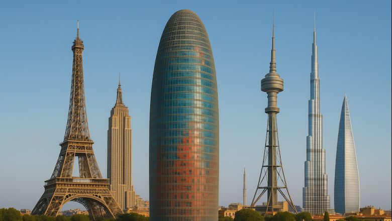 fotomontaje de la torre glories con otras torres que forma parte de la world federation of great towers
