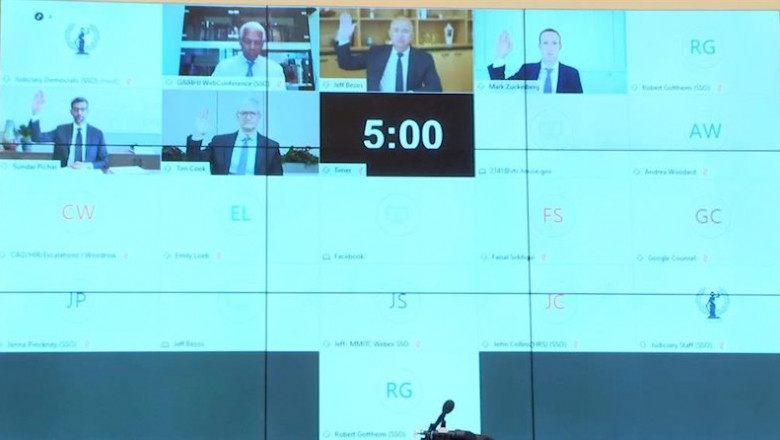 Los consejeros delagados de Amazon (Jeff Bezos), Facebook (Mark Zuckerberg), Alphabet (Sundar Pichai) y Apple (Tim Cook) durante su comparecencia telemática ante el Congreso de Estados Unidos el 29 de julio de 2020. | CONGRESO DE ESTADADOS UNIDOS ep los consejeros delagados de amazon jeff bezos facebook mark zuckerberg alphabet sundar pichai y