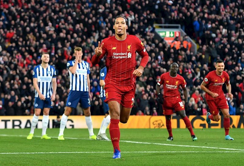 ep virgil van dijk celebra un gol con el liverpool