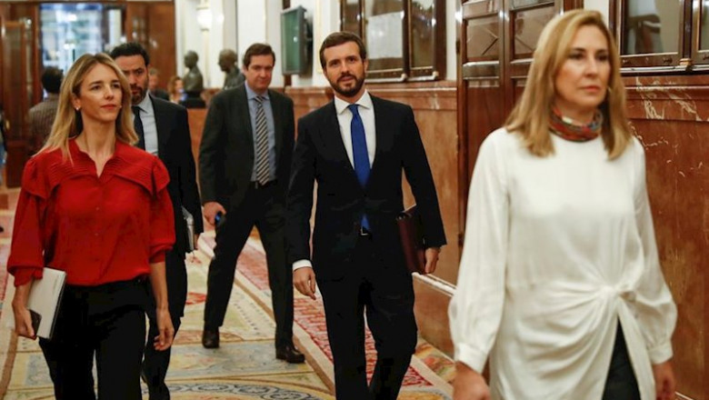 El líder del PP, Pablo Casado, asiste con varios diputados del Grupo Popular al Pleno del Congreso sobre las medidas impulsadas contra el coronavirus. En Madrid (España), a 18 de marzo de 2020. | Pool ep el lider del pp pablo casado asiste con varios diputados del grupo popular al pleno del congreso