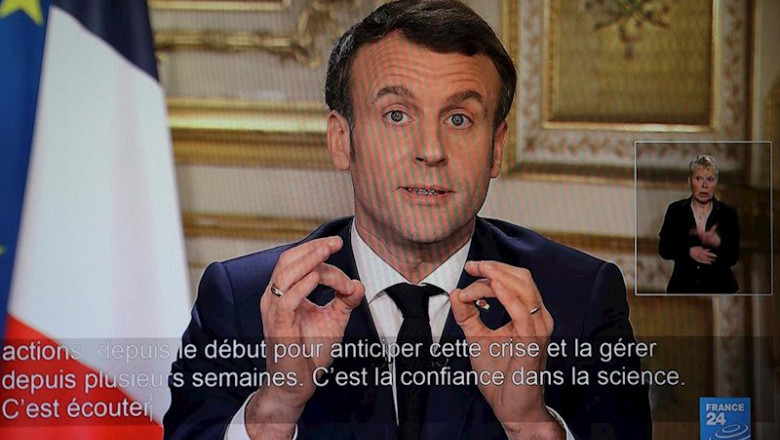 12 March 2020, France, Issy-les-Moulineaux: A picture taken from the transmission of a televised speech by French President Emmanuel Macron. | Ludovic Marin/AFP/dpa ep 12 march 2020 france issy-les-moulineaux a picture taken from the transmission of a televised