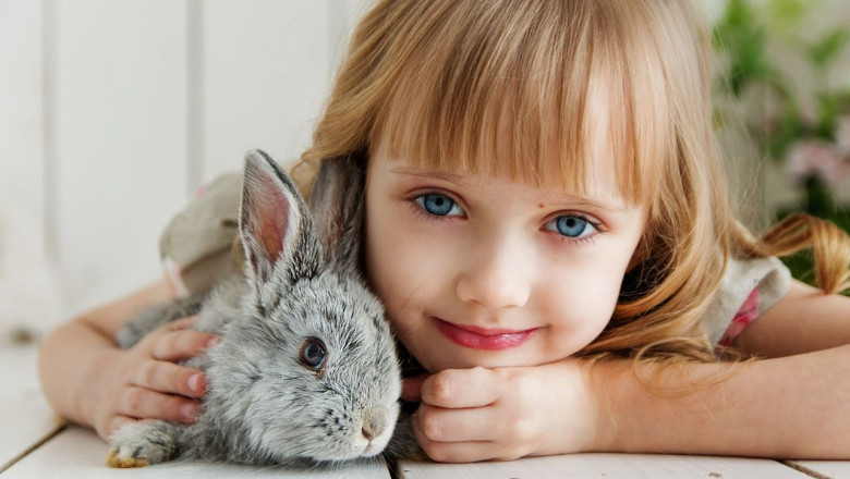 1582673818 girl lying on white surface petting gray rabbit 1462634