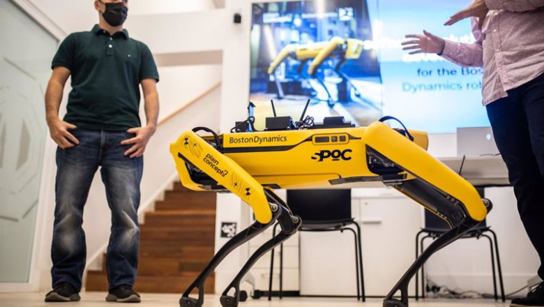 El CEO de Plain concepts, Pablo Peláez (d), y el responsable de innovación en España de Plain Concepts, Javier Cantón (i), presentan al perro robot Spo de Boston Dynamics en las oficinas de Plain Concepts, a 26 de octubre de 2021, en Madrid, (España). | Alejandro Martínez Vélez - Europa Press ep el ceo de plain concepts pablo pelaez d y el responsable de innovacion en espana de plain