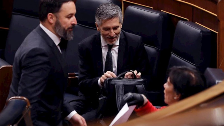 El líder de Vox, Santiago Abascal, pasa ante el ministro de Interior, Fernando Grande-Marlaska, en el Congreso | Pool ep el lider de vox santiago abascal pasa ante el ministro de interior fernando grande-marlaska en el