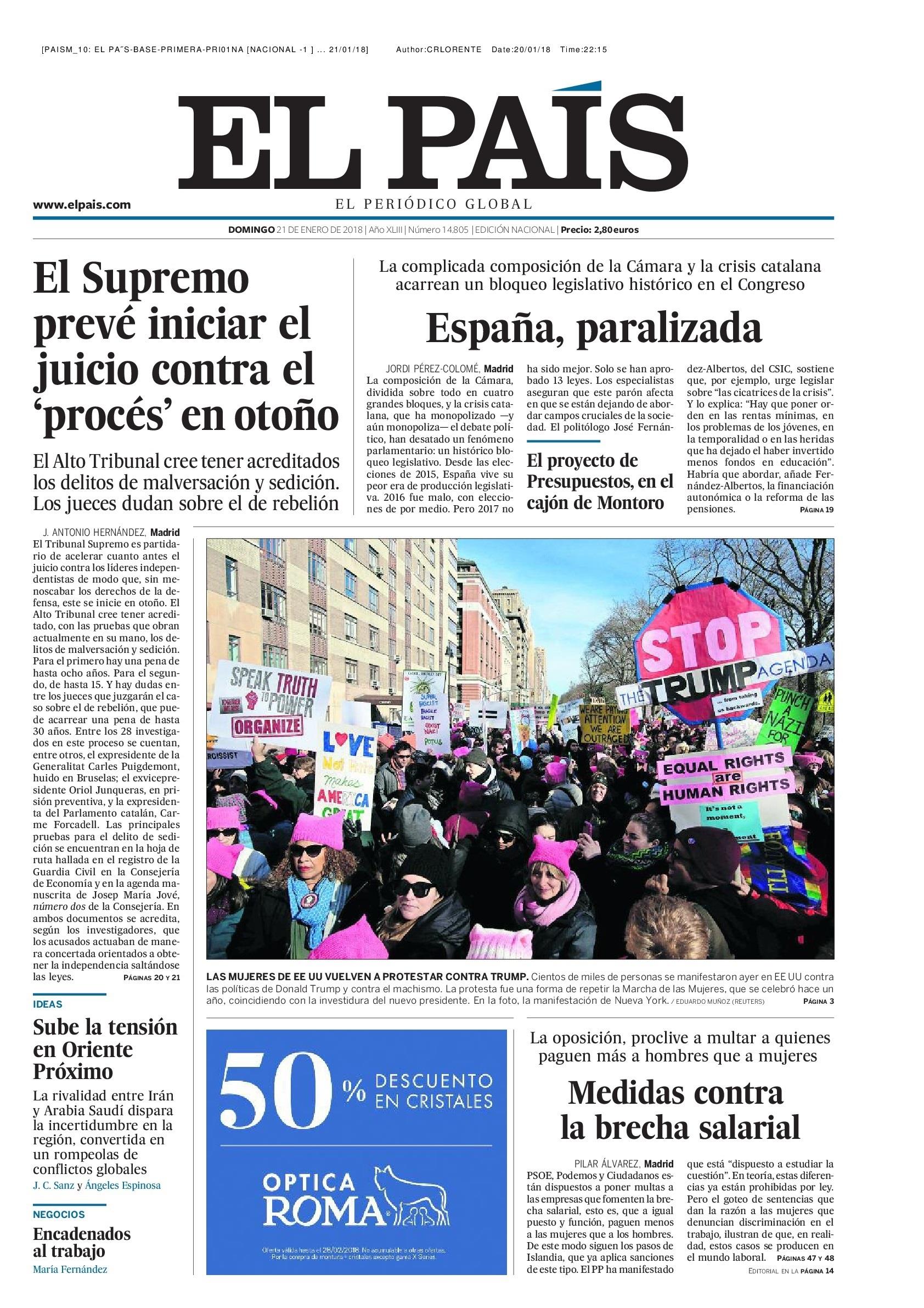 Portada 'El País' del 21 de enero de 2018 | EL PAÍS ep portada pais del 21enero2018