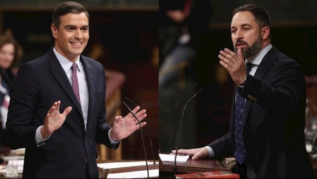 ep montaje del presidente del gobierno en funciones pedro sanchez y del lider de vox santiago