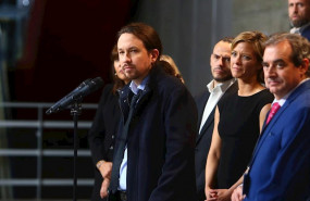 ep pablo iglesias hace declaraciones despues del debate electoral en television en el pabellon de