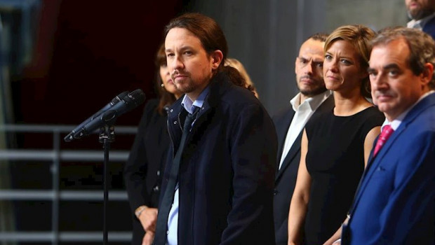 ep pablo iglesias hace declaraciones despues del debate electoral en television en el pabellon de