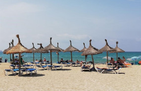 ep turistas en hamacas bajo las sombrillas de la playa de palma el verano pasado
